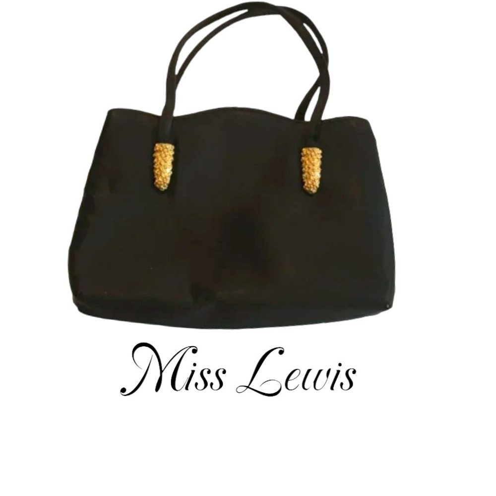 Vintage Miss Lewis Black Satin Handbag with Gold Accents